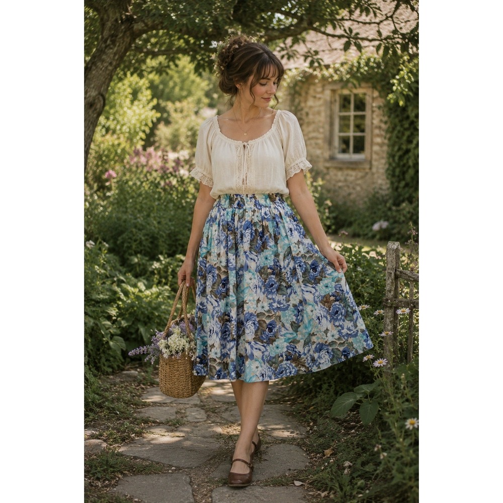 Cottagecoreโ Romantic Y2K Boho BlueFloral ButtonFront CottonPockets S Midi Skirt